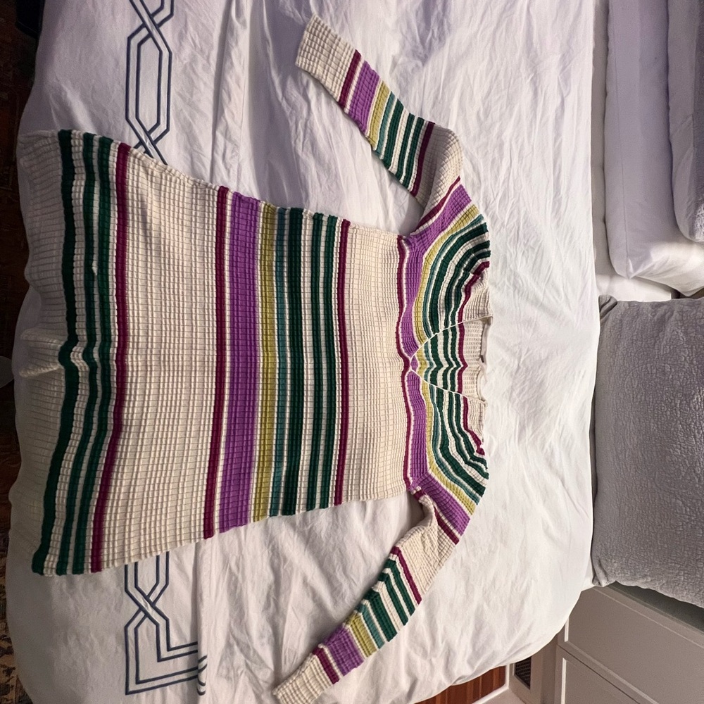 Free People Striped Cowl Neck Sweater in Cream, Green, and Purple